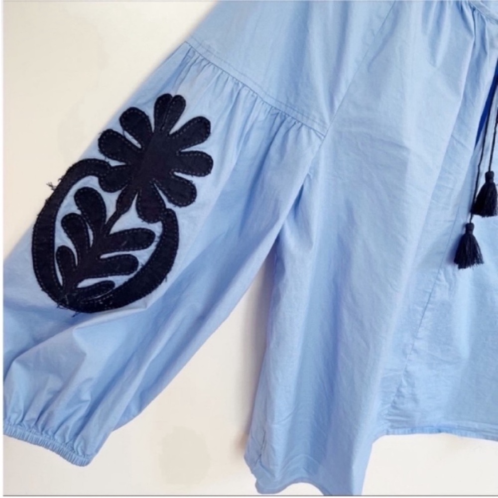 J. Crew Factory shirt blue embroidered peasant blouse tie neck - Picture 4 of 9